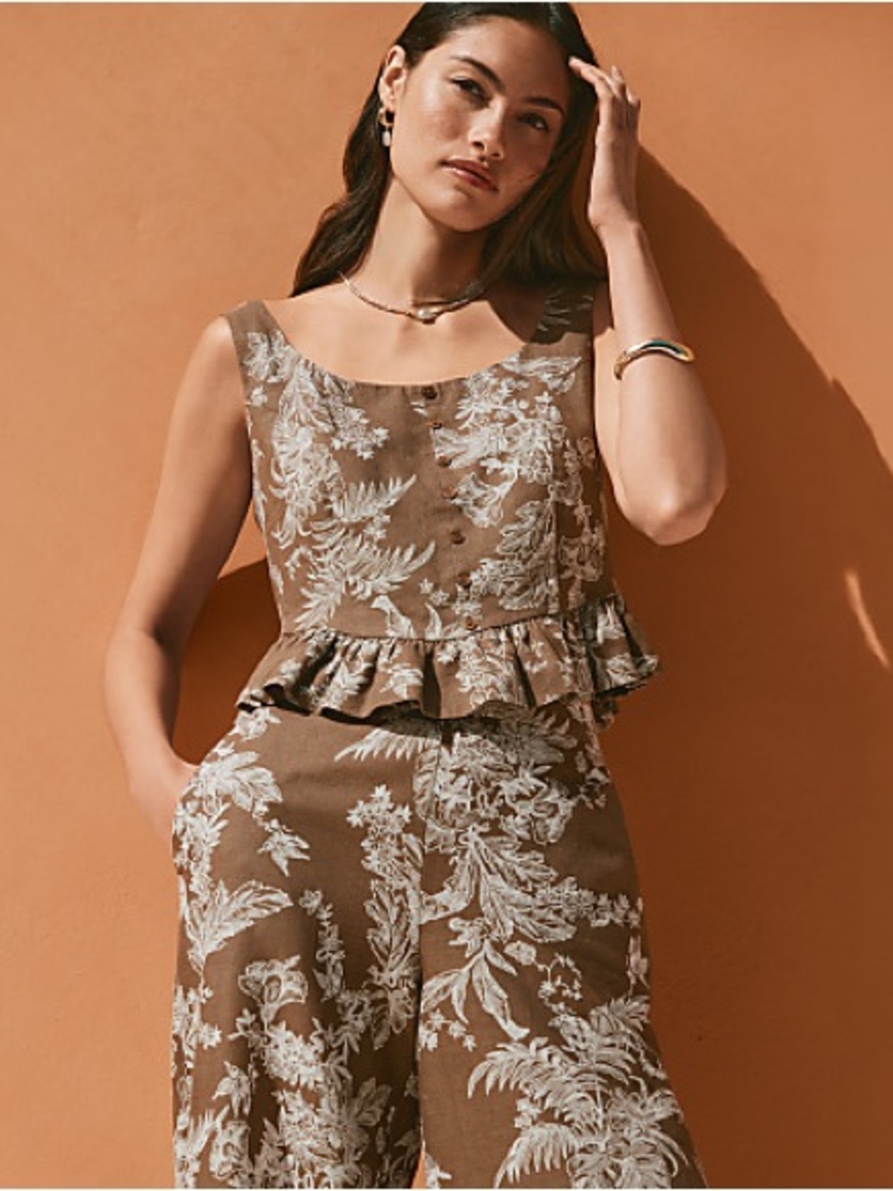 LOFT Floral Toile Linen Cotton Peplum Top
